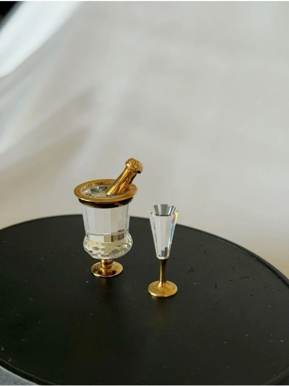 Vintage Mini Champagne Bottle in Ice Bucket w/Wine Flute Glass Swarovski Crystal